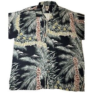 Tommy Bahama Aloha Shirt Men Size XL 100% Silk Modern floral Black Short sleeve